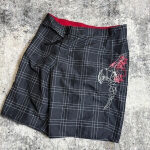 Joe Boxer Mens Black Plaid Board Shorts Swim Trunks Graphic Cargo Pocket Size 34
